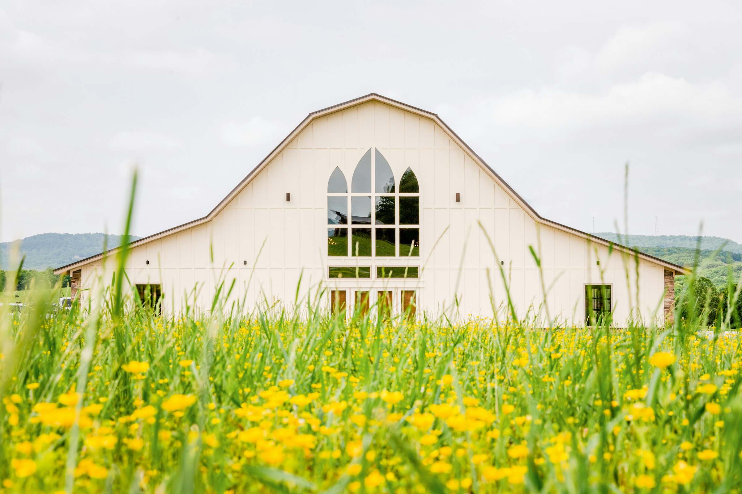 White barn in a field of yellow flowers in Elkins, Northwest Arkansas