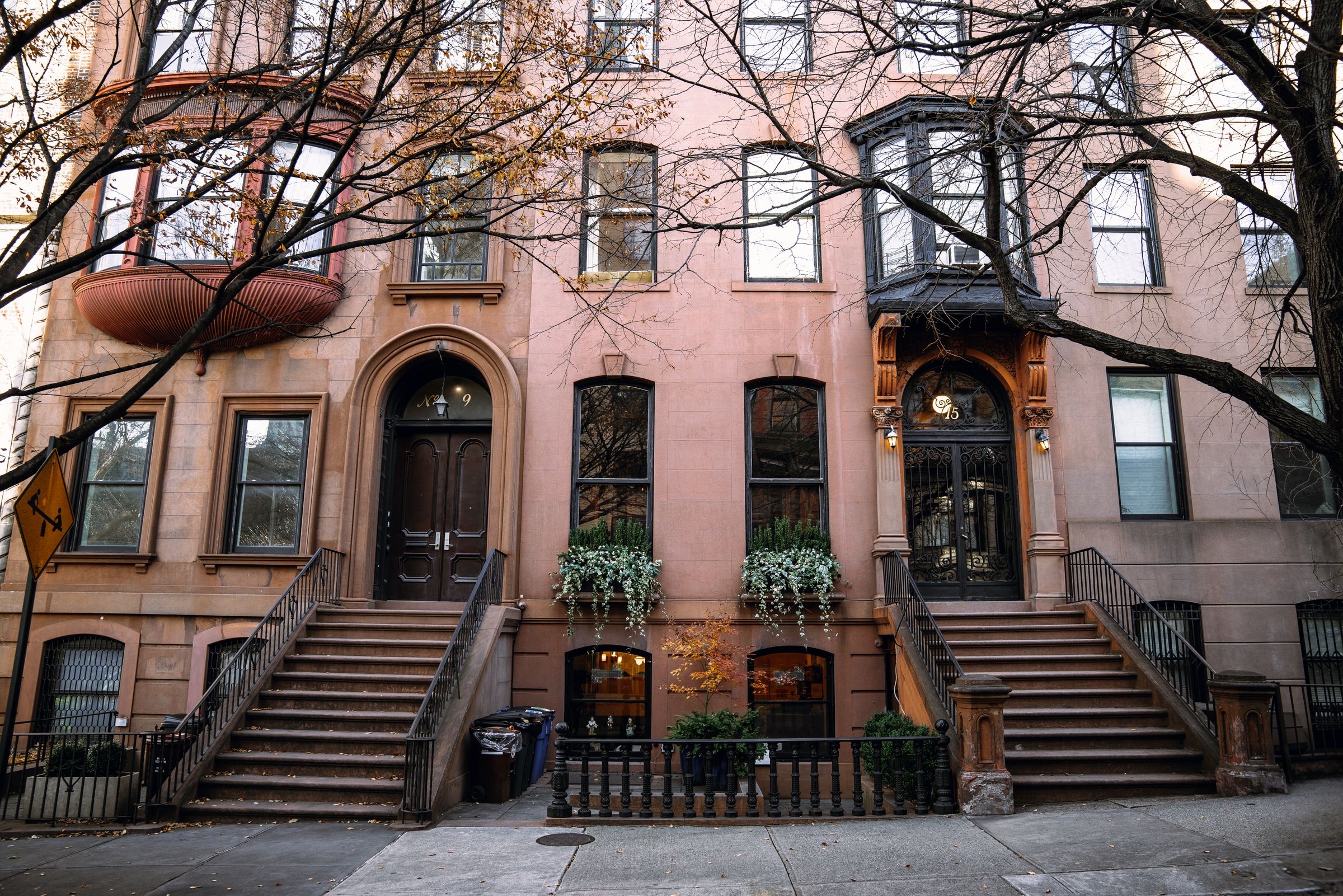 Brownstone row houses with front stoops on a tree-lined street in Brooklyn, New York City