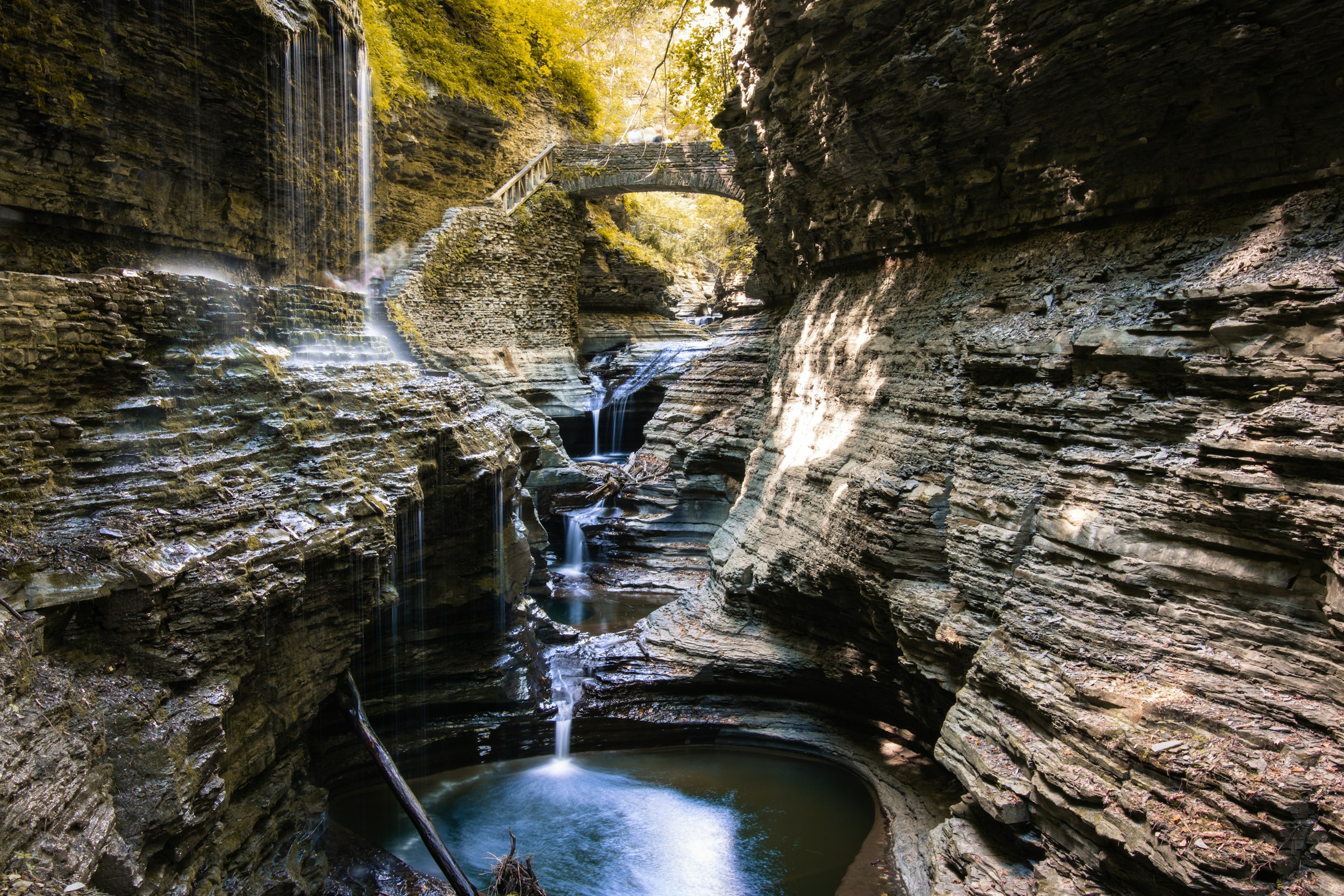 Waterfall and stone gorge in Watkins Glen State Park, Watkins Glen, New York