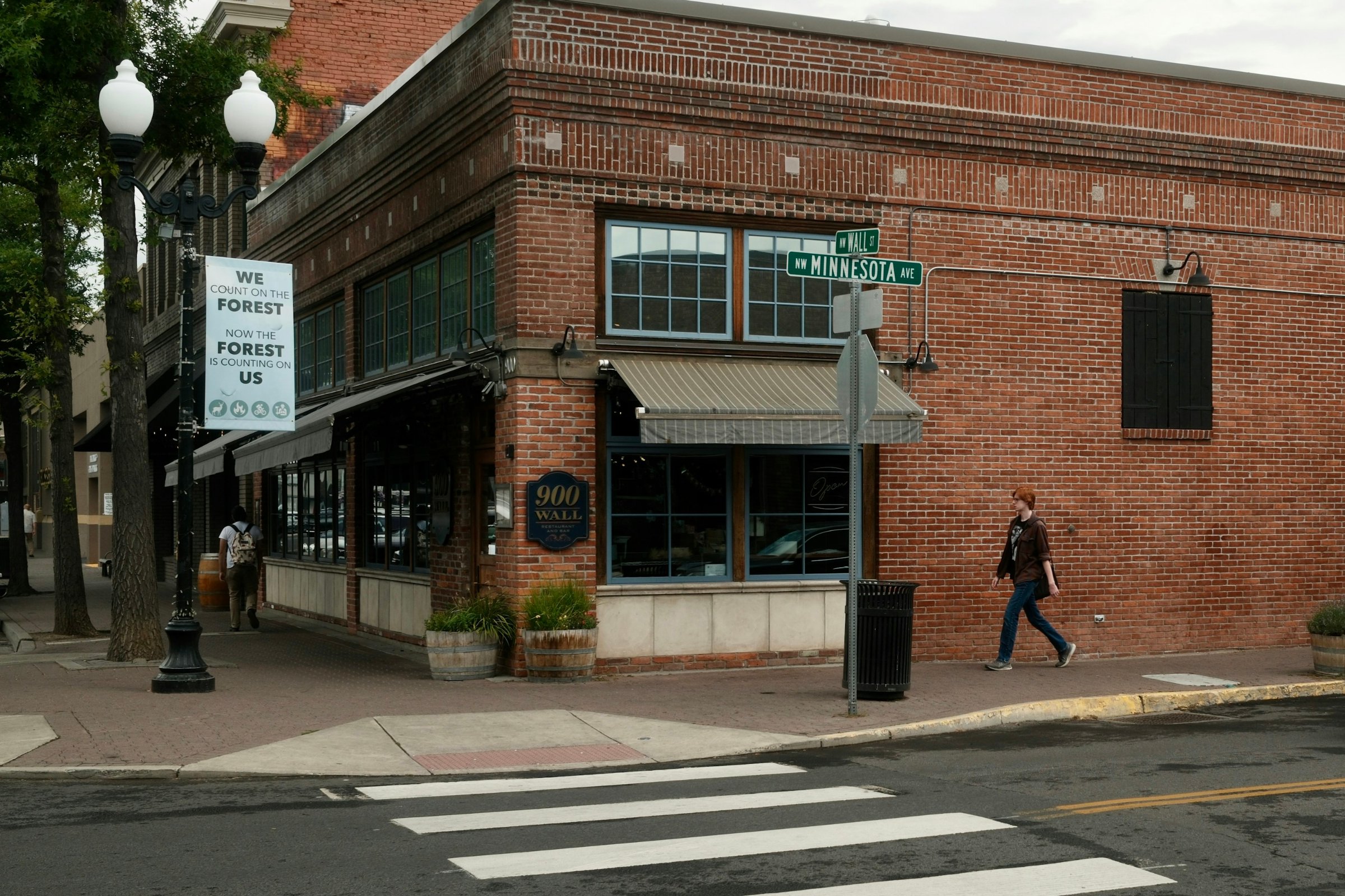 Brick storefront on a downtown street corner in Bend, Oregon
