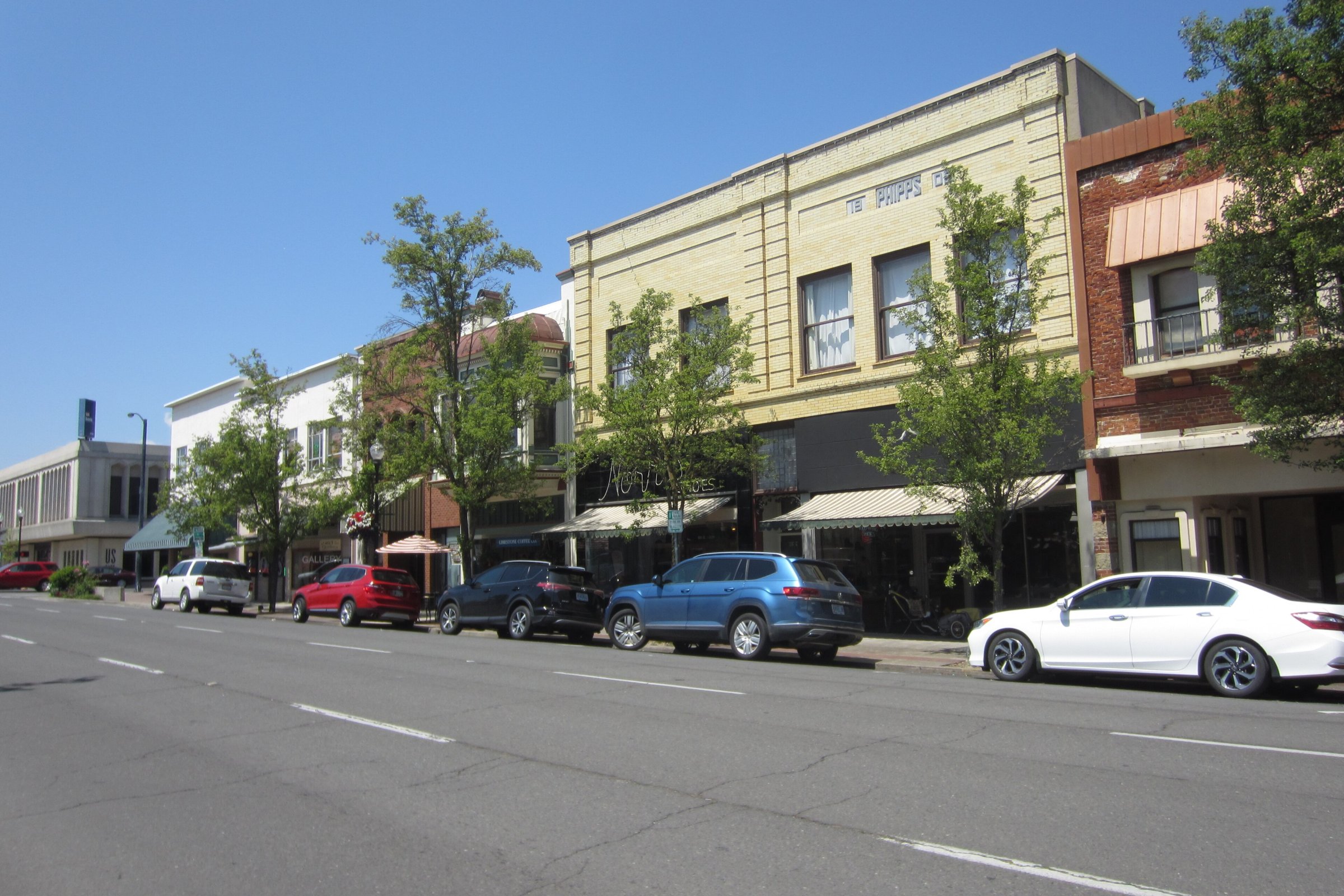 Historic commercial buildings along a downtown street in Medford, Oregon