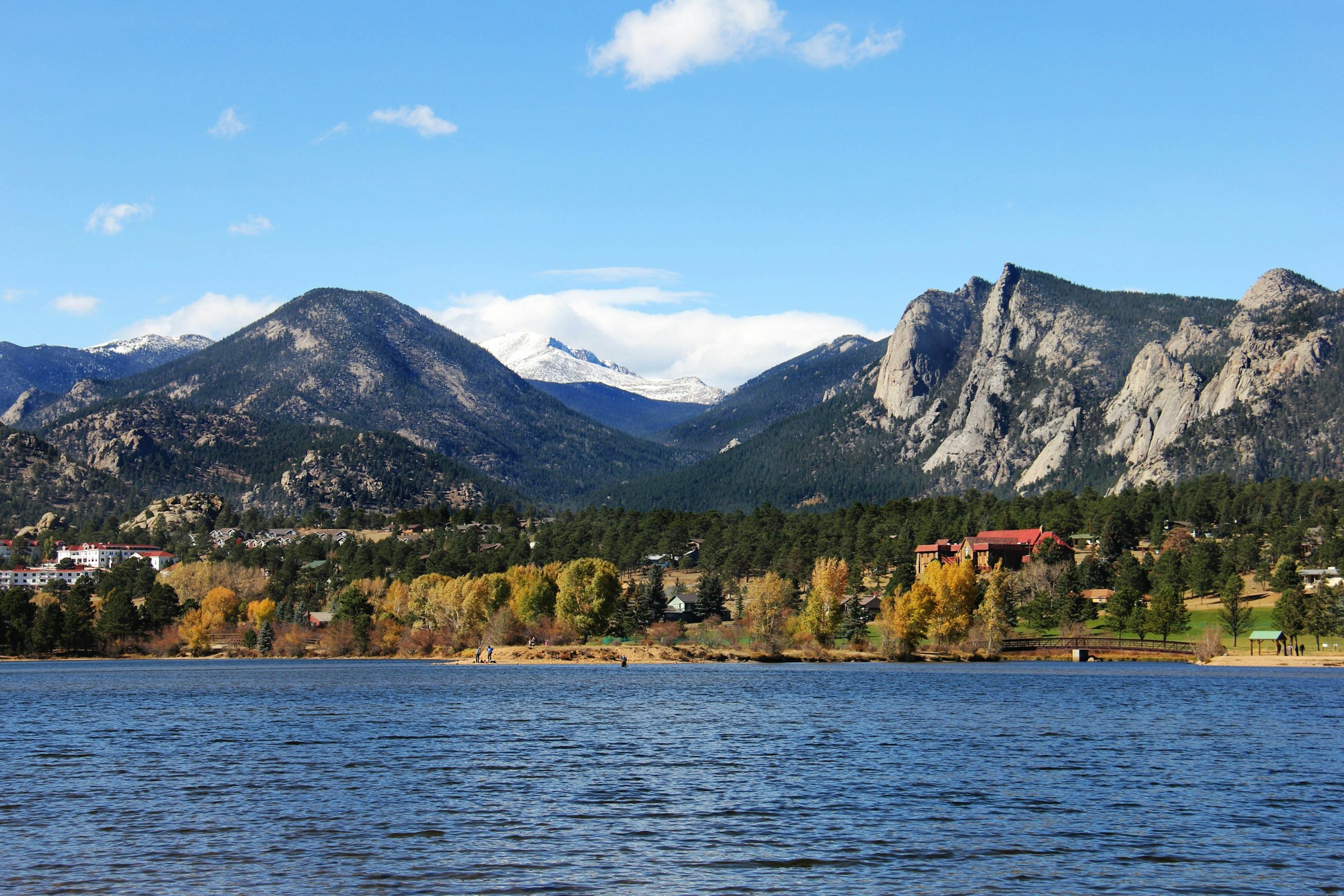 Lake and rocky peaks above Estes Park, Colorado near Rocky Mountain National Park