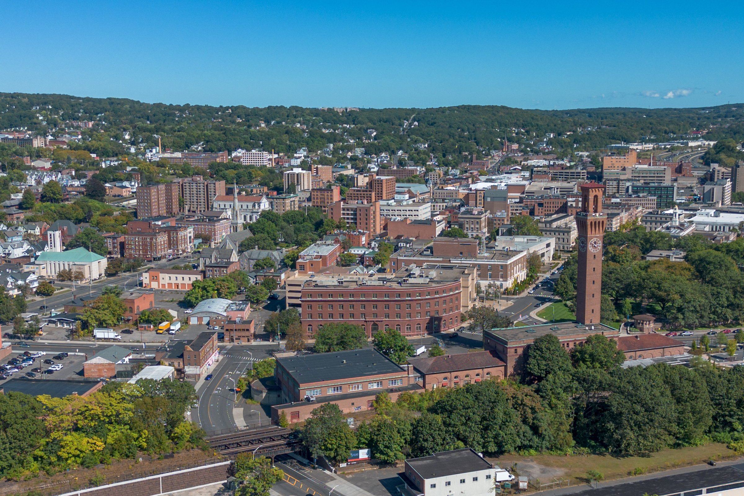 Aerial view of downtown Waterbury, Connecticut and its clock tower