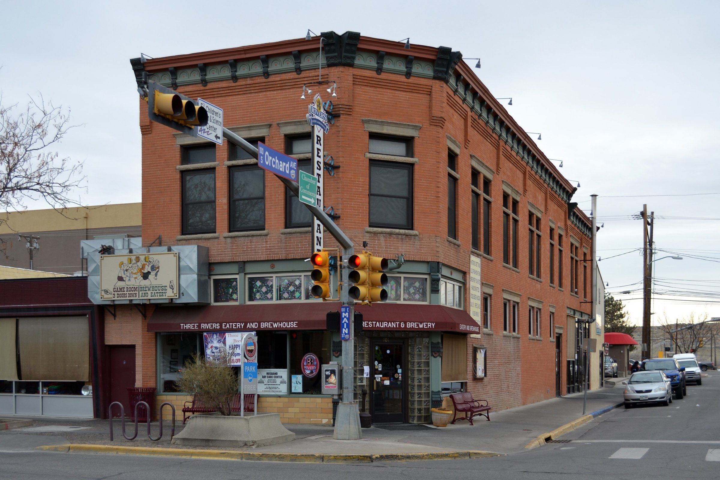 Historic Andrews Building on a downtown street corner in Farmington, New Mexico