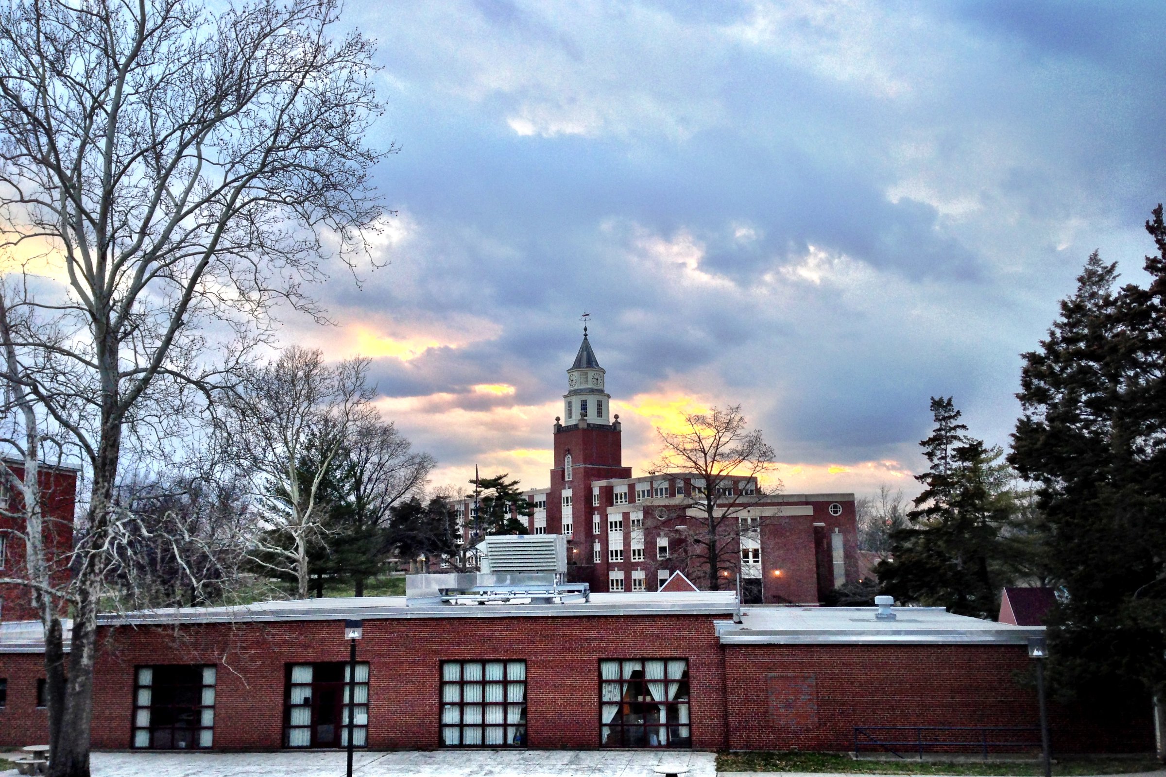 Pulliam Hall clock tower at sunset on the Southern Illinois University campus in Carbondale, Illinois