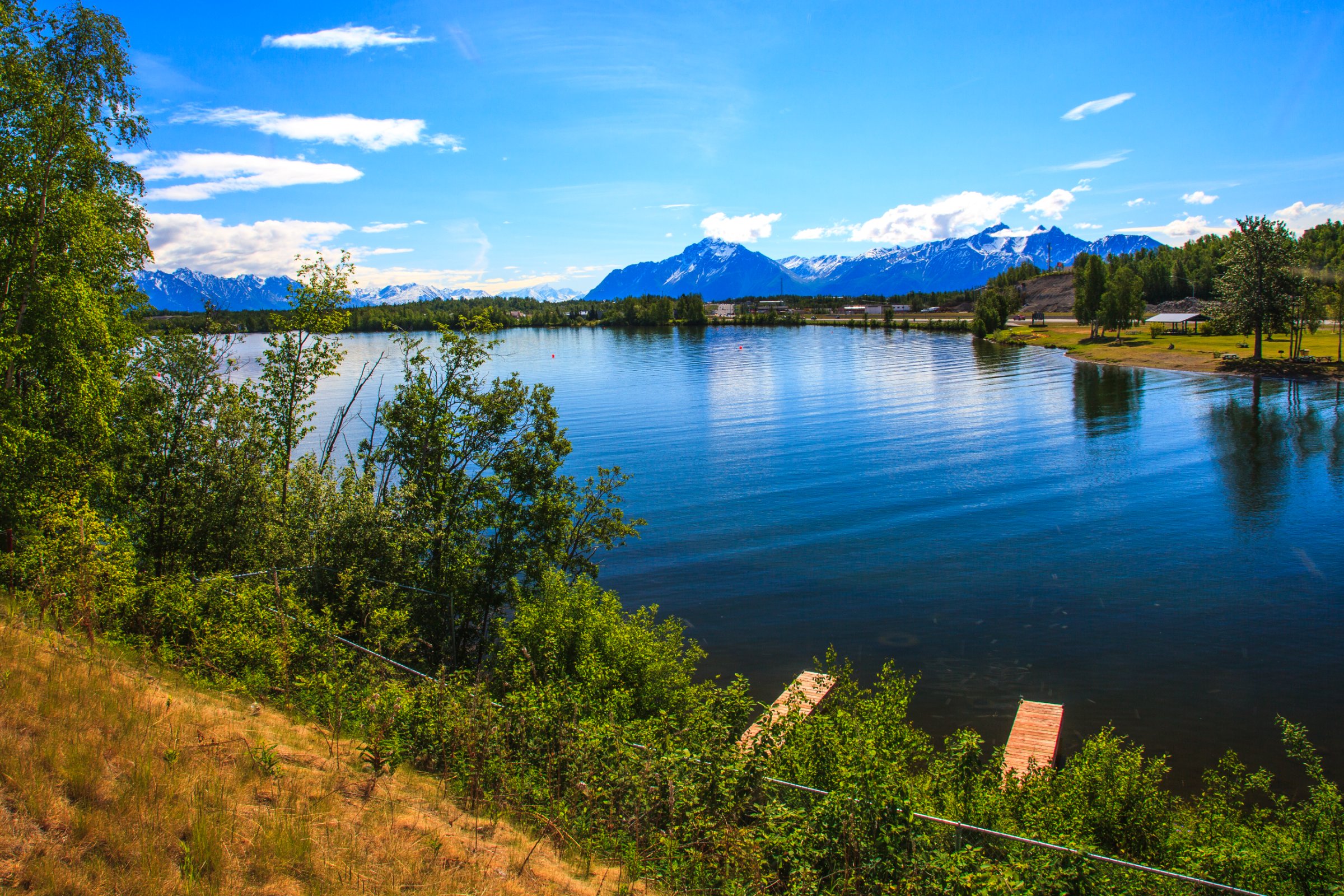 Wasilla Lake with mountains in the distance in Wasilla, Alaska