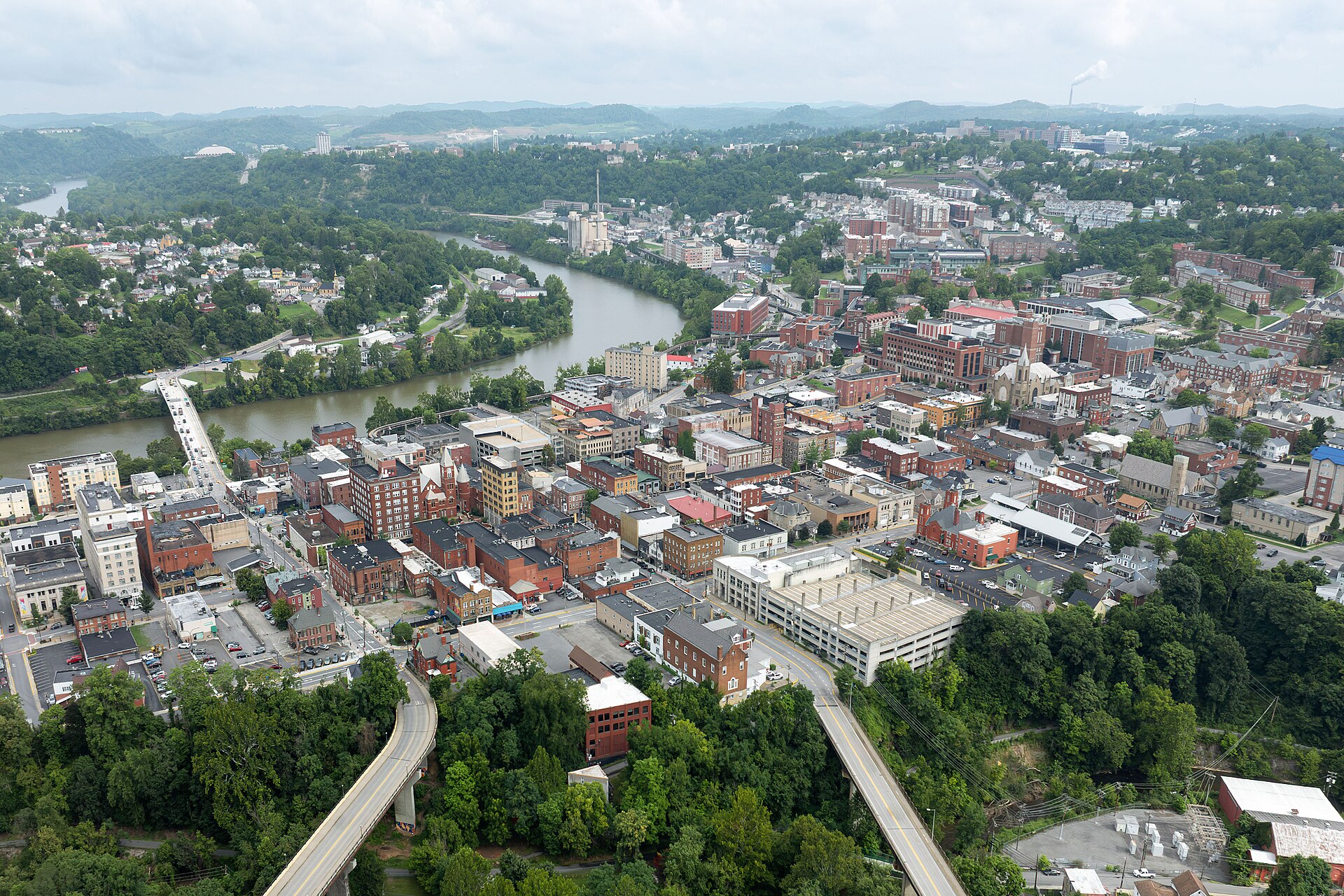 Aerial view of Morgantown, West Virginia, along the Monongahela River