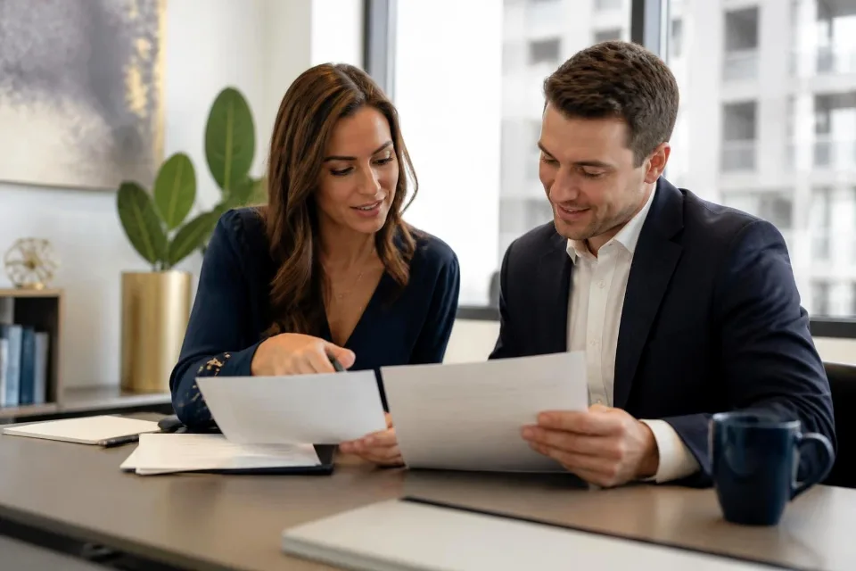 Two investors comparing DSCR loan program term sheets at a desk