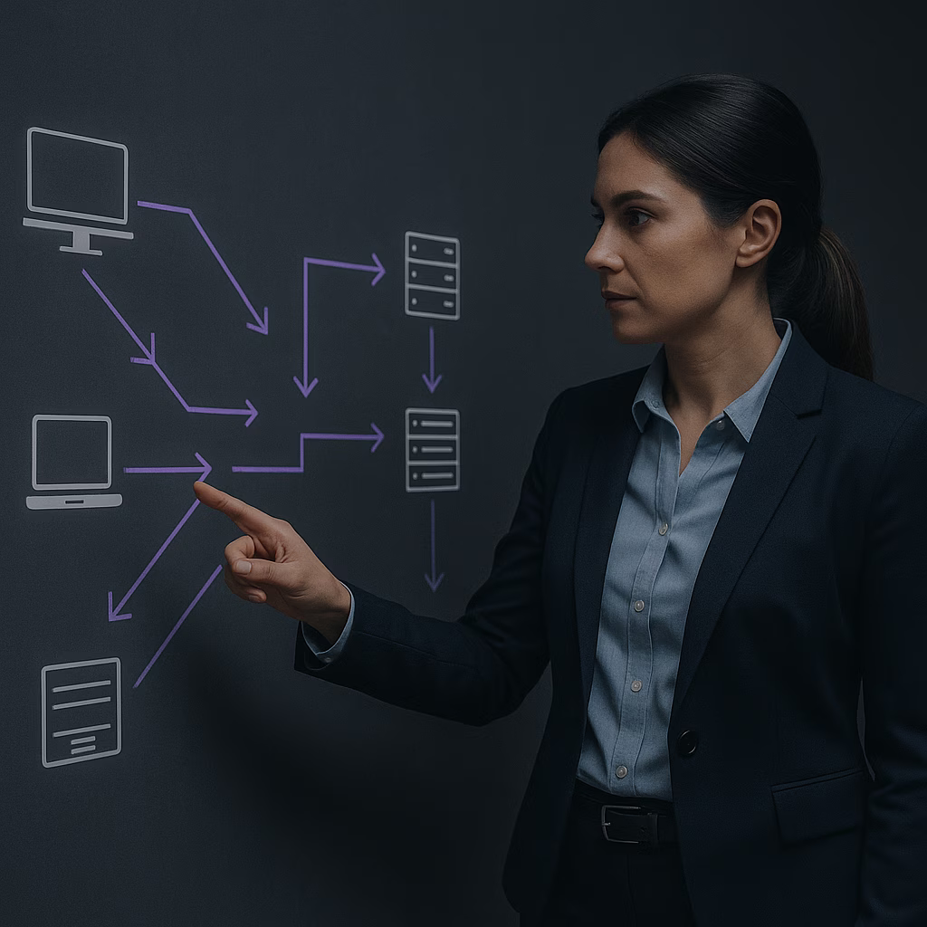 Security consultant in formal attire pointing to a purple-tone attack flow diagram on a dark background, illustrating adversary emulation and red team testing tactics
