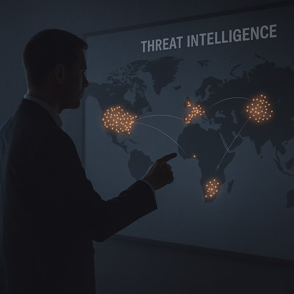 Dark-themed image of a cybersecurity analyst pointing at a world map labeled ‘Threat Intelligence’, with glowing amber clusters and connecting lines illustrating global adversary activity