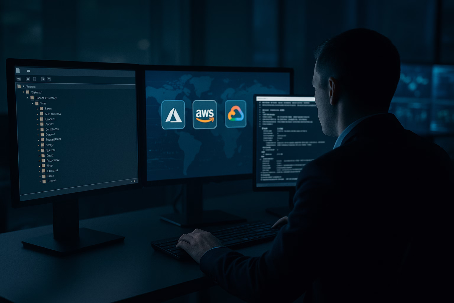 Dark-themed security operations center with a professional reviewing three screens: an Active Directory tree view, a world map highlighting Azure, AWS, and GCP control plane icons, and a terminal window showing credential abuse commands, representing post-compromise testing