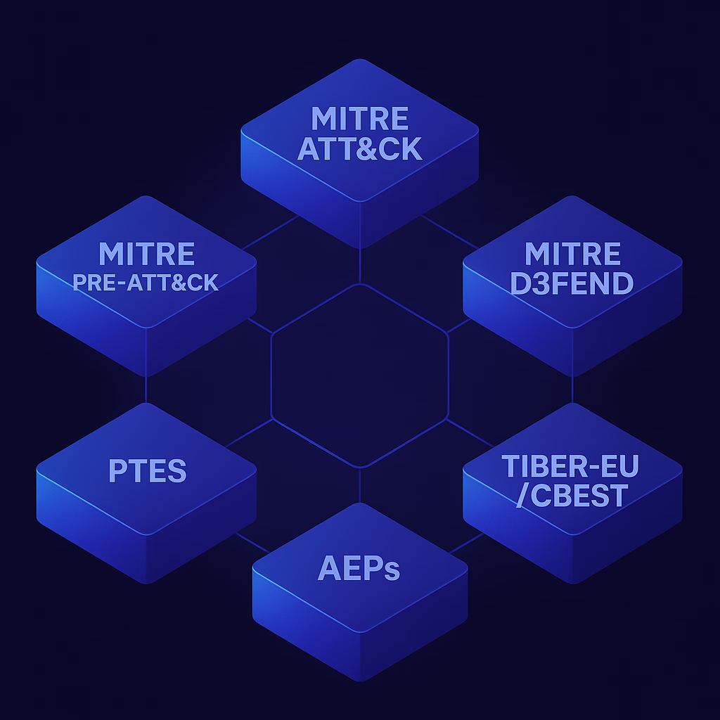 Isometric hexagonal diagram on dark background featuring six interconnected blue blocks labeled MITRE ATT&CK, MITRE PRE-ATT&CK, MITRE D3FEND, TIBER-EU / CBEST, PTES, and AEPs, illustrating comprehensive cybersecurity frameworks and methodologies