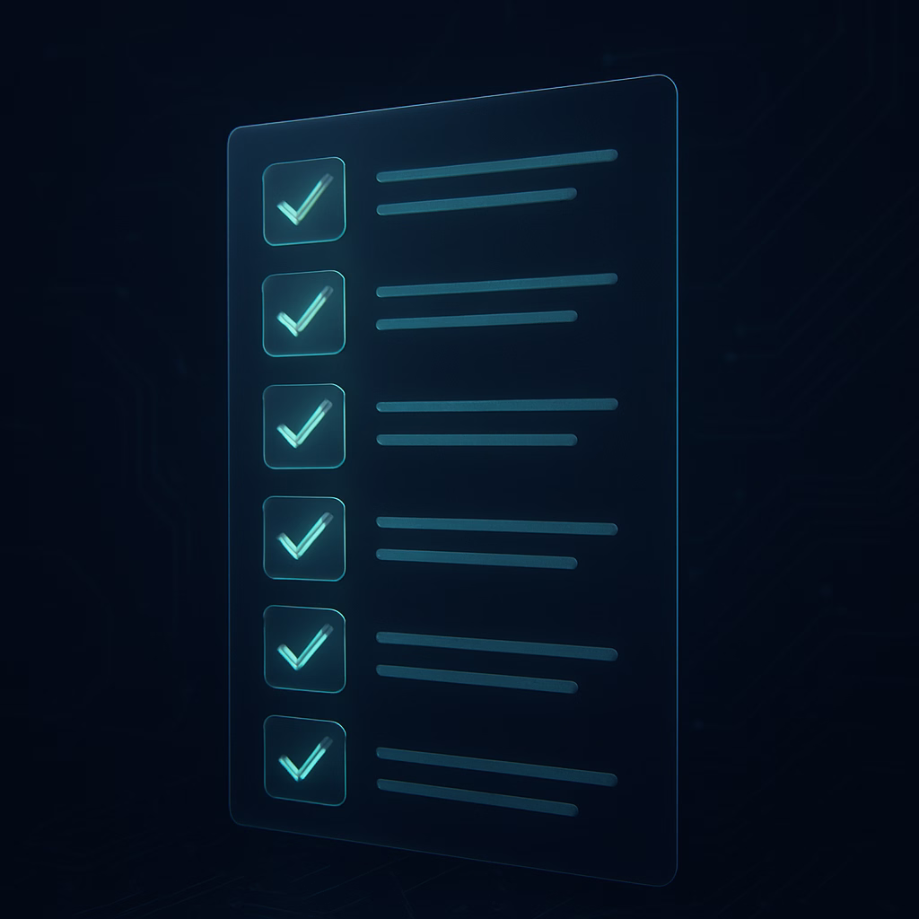 Futuristic holographic checklist interface floating above a dark circuit-board background, featuring six semi-transparent panels each with a glowing green checkmark and corresponding text lines to highlight key service benefits