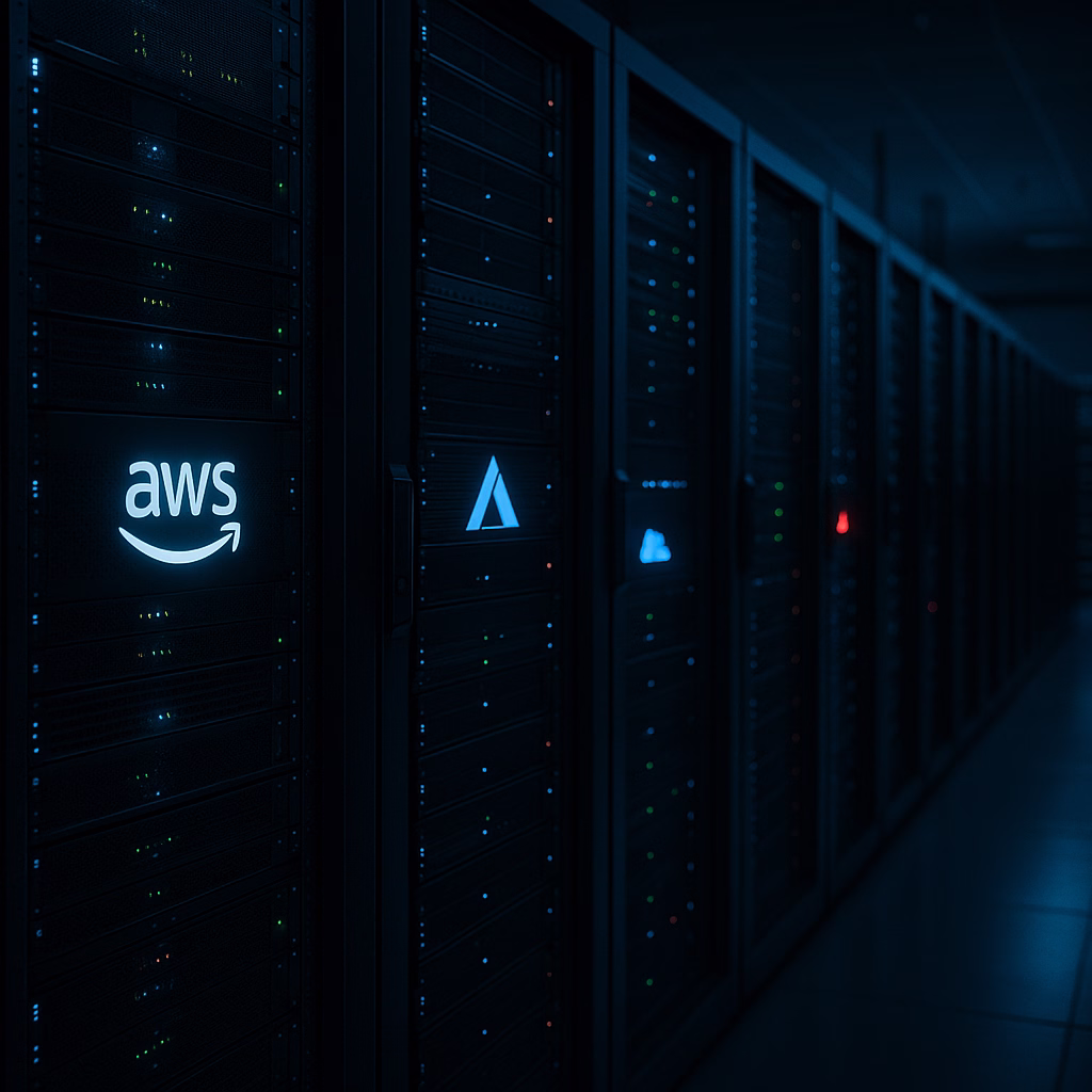 Dimly lit data center aisle with racks of servers displaying subtle AWS and Azure logos on front panels.