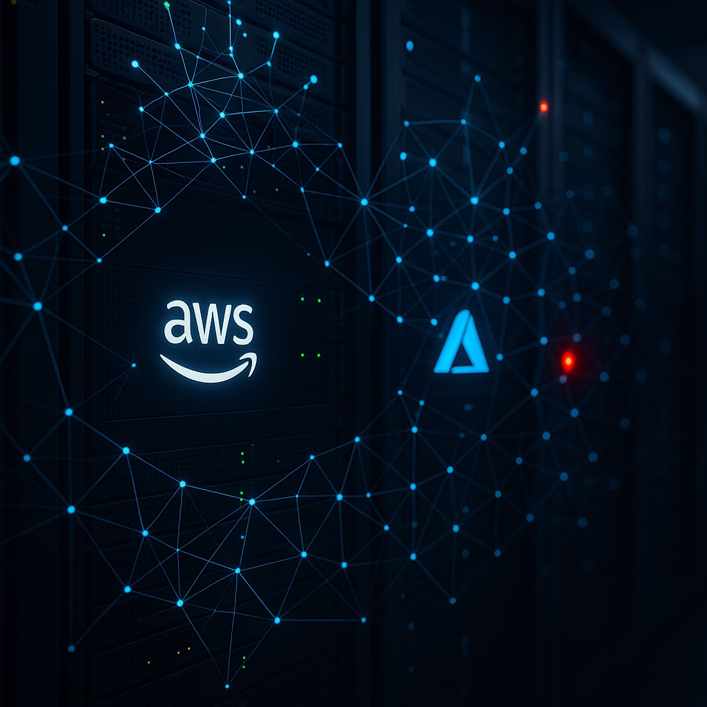 Close-up of a server rack with digital network overlays and a red alert indicator alongside AWS and Azure branding.
