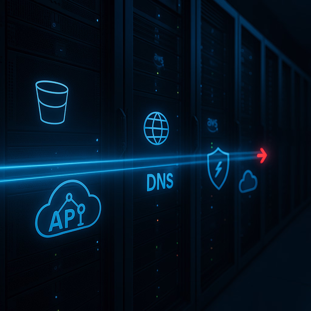 Server racks with neon-blue icons representing storage bucket, DNS, API, firewall, and cloud, connected by a beam of light.