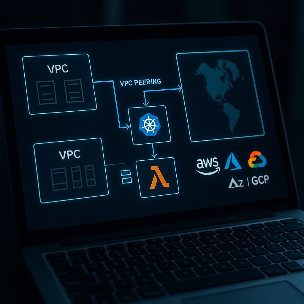 Laptop screen displaying a cloud architecture diagram with VPC boxes, VPC peering arrows, Kubernetes icon, Lambda icon, and a world map alongside AWS, Azure, and GCP logos.