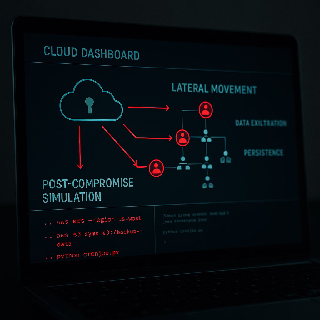 Cloud security dashboard on a laptop showing a cloud icon with red arrows pointing to compromised user nodes, labels ‘Lateral Movement’, ‘Data Exfiltration’, ‘Persistence’, and terminal commands below.