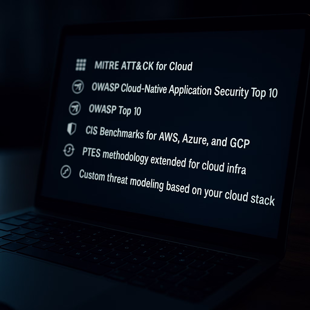 Close-up of a laptop screen listing cloud security standards and methodologies—MITRE ATT&CK for Cloud, OWASP Cloud-Native AppSec Top 10, OWASP Top 10, CIS Benchmarks, PTES—with icons at the side.