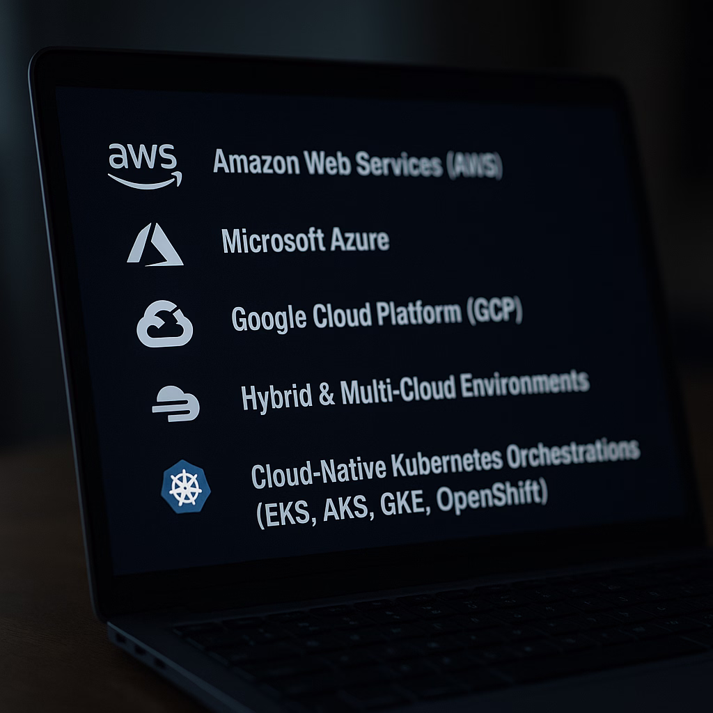Laptop screen showing a vertical list of supported cloud platforms and environments: AWS, Azure, GCP, Hybrid & Multi-Cloud, and Kubernetes orchestration, each with its logo.