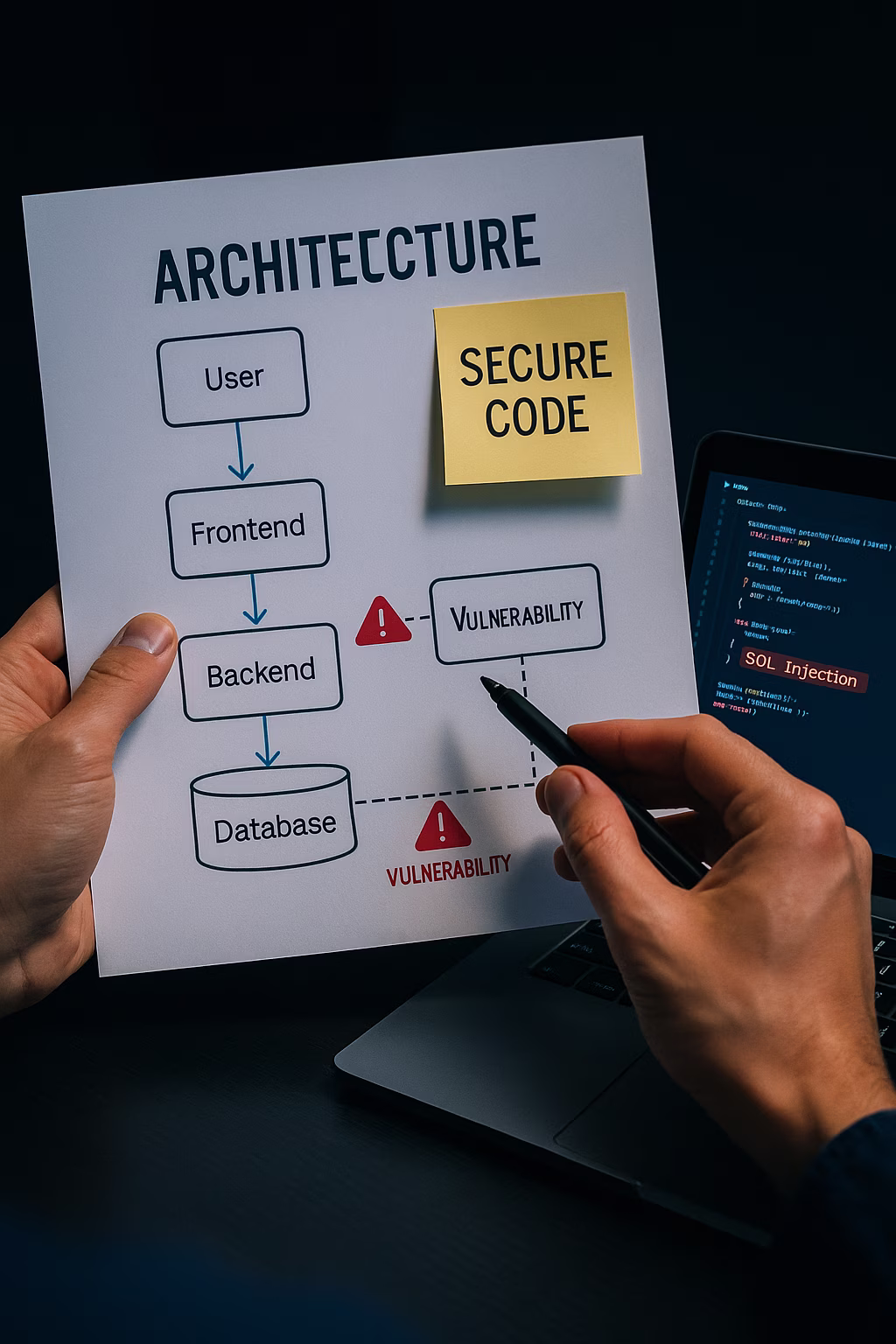Developer reviewing printed backend-architecture diagram with marked vulnerabilities while laptop screen shows SQL-injection code snippet; sticky note reads ‘Secure Code’.