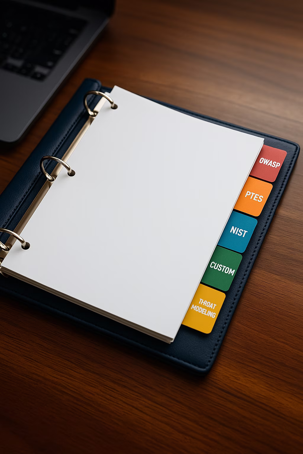 Open navy-blue binder on wooden desk with color-coded tabs for OWASP, PTES, NIST, Custom, and Threat Modeling security standards.