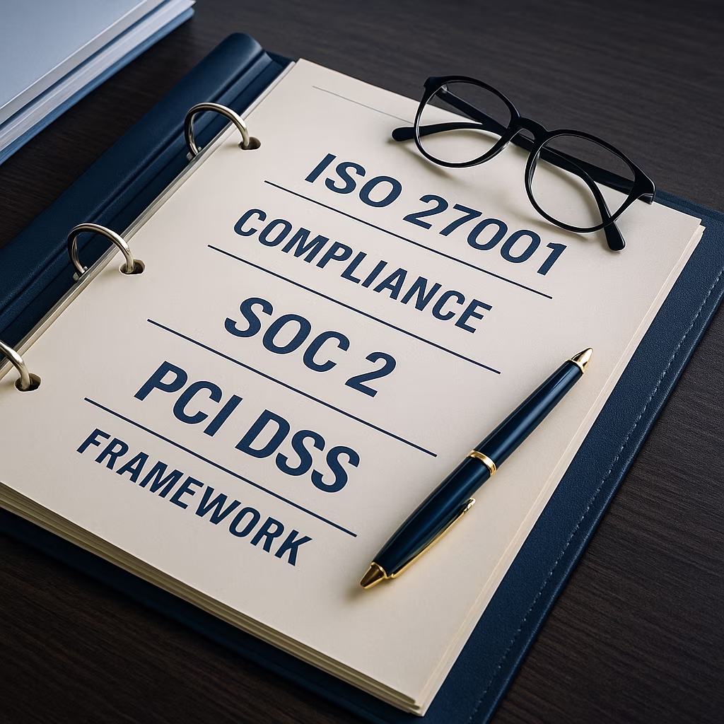 Open binder on dark wood desk featuring ISO 27001, SOC 2, and PCI DSS compliance framework documents with eyeglasses and a fountain pen