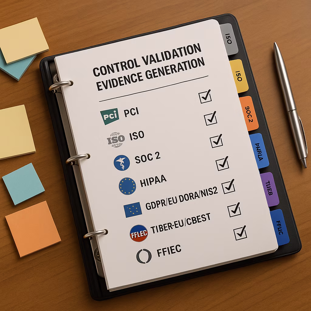 Open compliance checklist binder with tabbed sections for PCI-DSS, ISO 27001, SOC 2, HIPAA, GDPR/EU DORA/NIS2, TIBER-EU/CBEST, and FFIEC, each control checked, on a wood desk with sticky notes and a silver pen