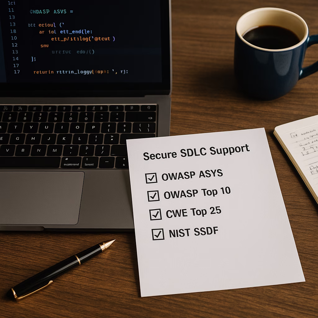 Developer workspace showing a laptop with dark-themed code editor and a printed Secure SDLC Support checklist (OWASP ASVS, OWASP Top 10, CWE Top 25, NIST SSDF), plus a coffee mug and fountain pen