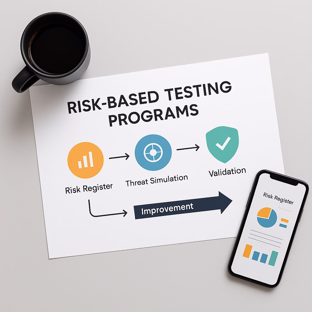 Overhead view of a Risk-Based Testing Programs diagram on paper showing Risk Register → Threat Simulation → Validation workflow, alongside a coffee mug and smartphone with risk chart