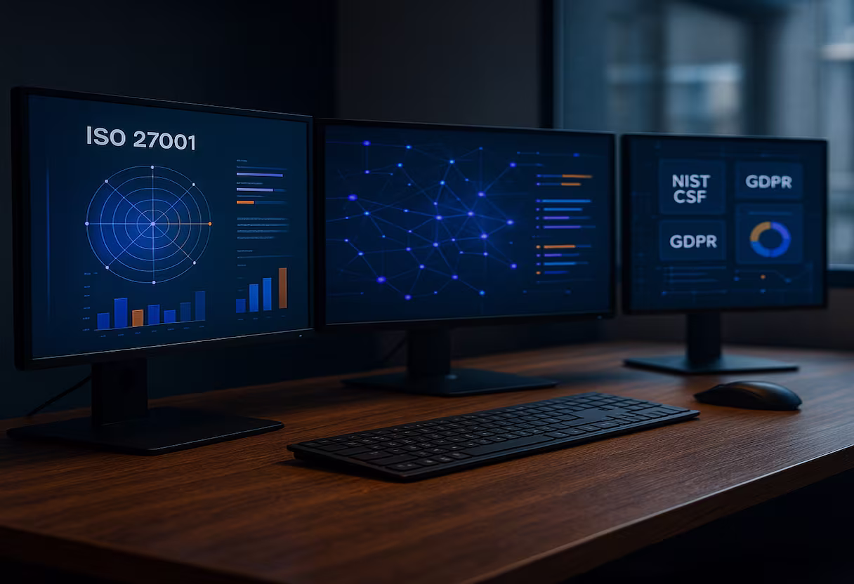Realistic cybersecurity compliance workstation with three monitors displaying ISO 27001, SOC 2, NIST CSF, and GDPR dashboards on a wooden desk.