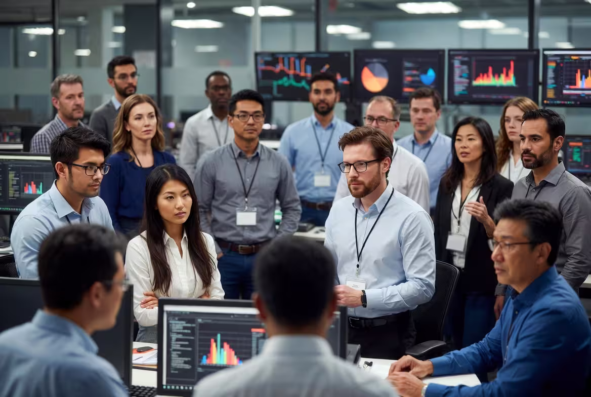 Multidisciplinary incident response teams participating in a cybersecurity tabletop exercise, discussing response actions while monitoring live threat intelligence and security metrics.