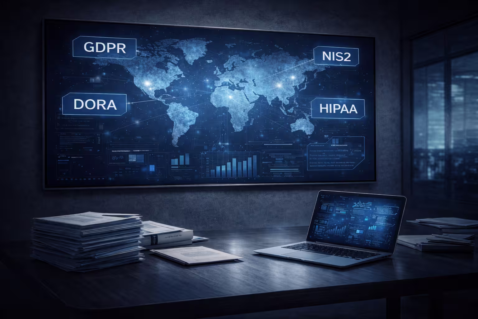 Regulatory-focused cybersecurity tabletop exercise environment showing compliance dashboards for GDPR, NIS2, DORA, and HIPAA.