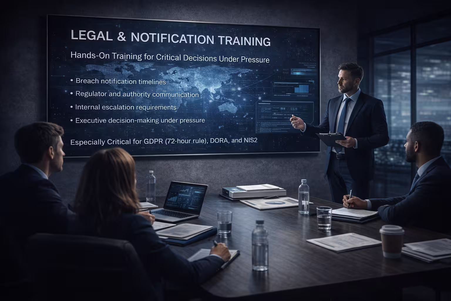 Incident response tabletop exercise focused on legal and breach notification training, with teams practicing regulatory communication and executive decision-making under pressure.