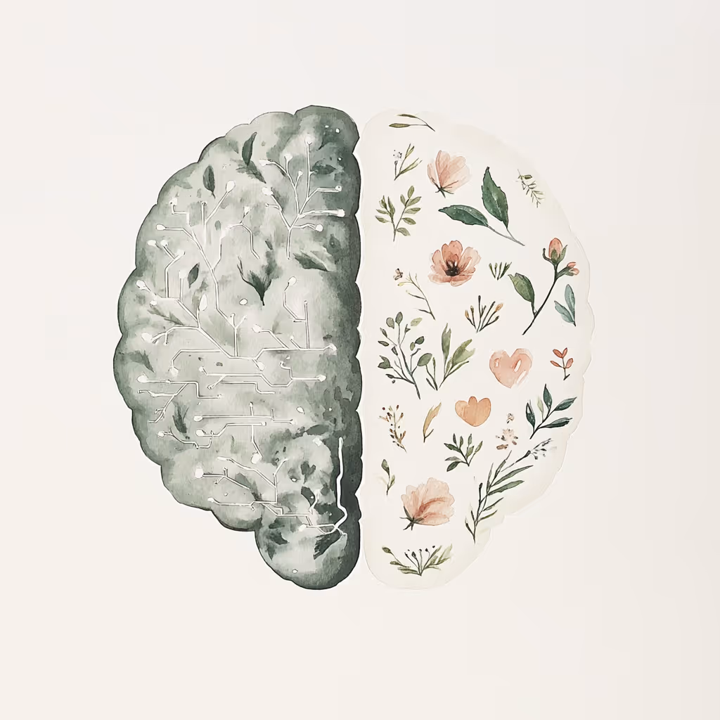 Watercolor illustration of a brain, left side with circuits, right side with small flowers and hearts.
