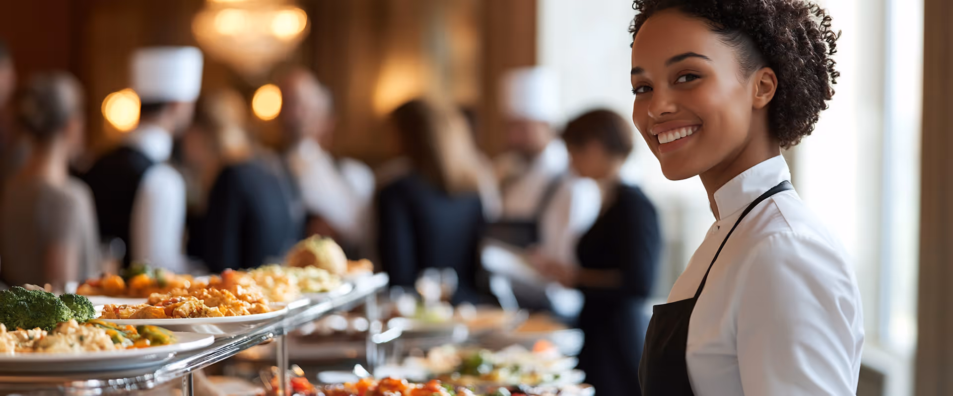 A woman smiling at the camera in front of a buffet table.