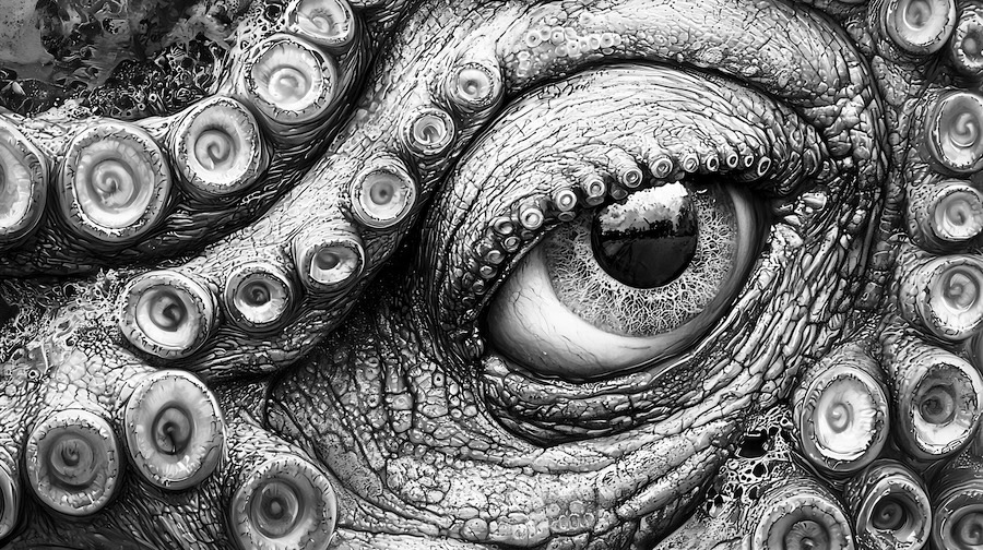 Close-up black and white image of an octopus eye surrounded by textured tentacles and suction cups.