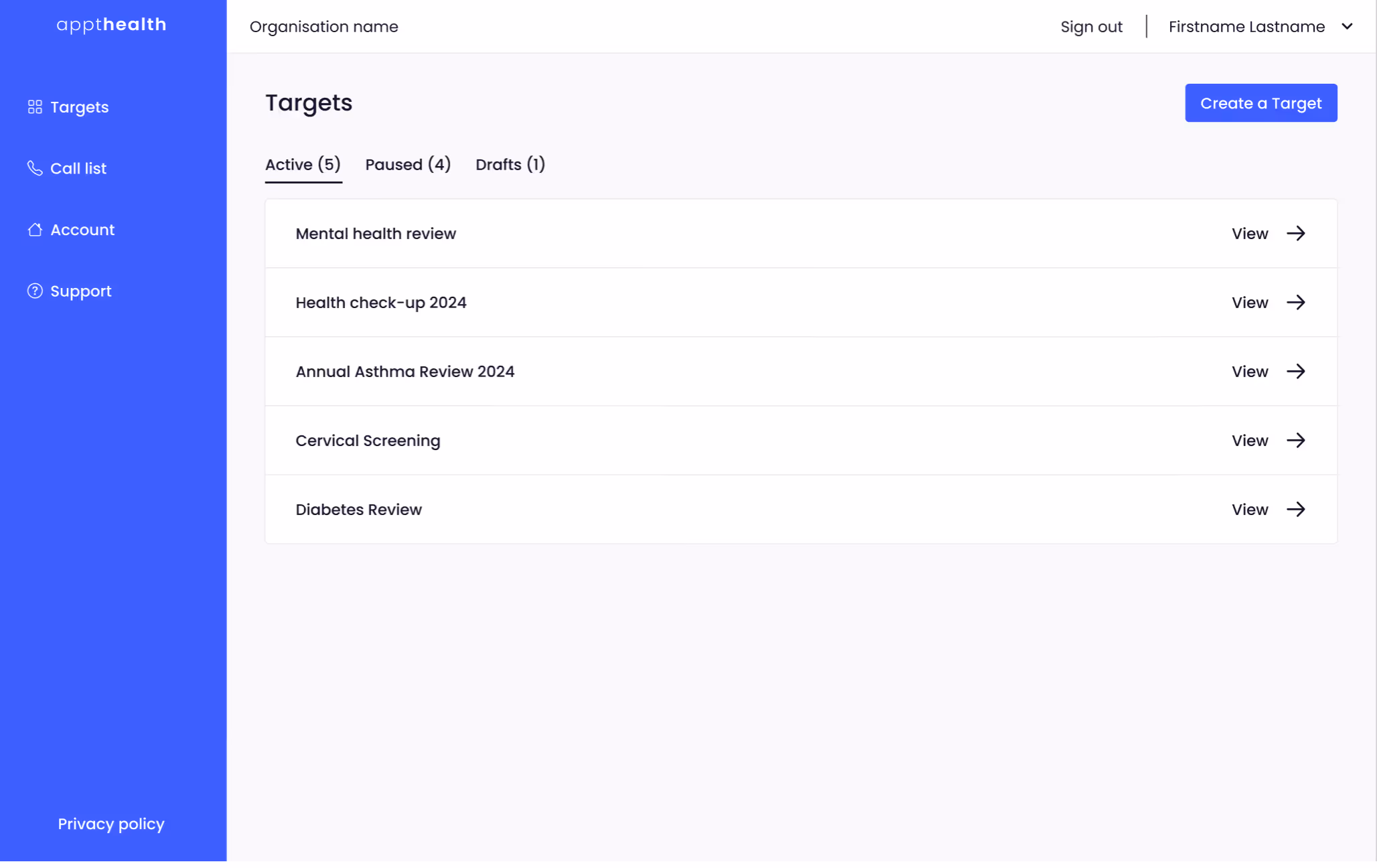 A screenshot of Recall's new tabbed target management view which separates targets out into active, paused and draft lists.