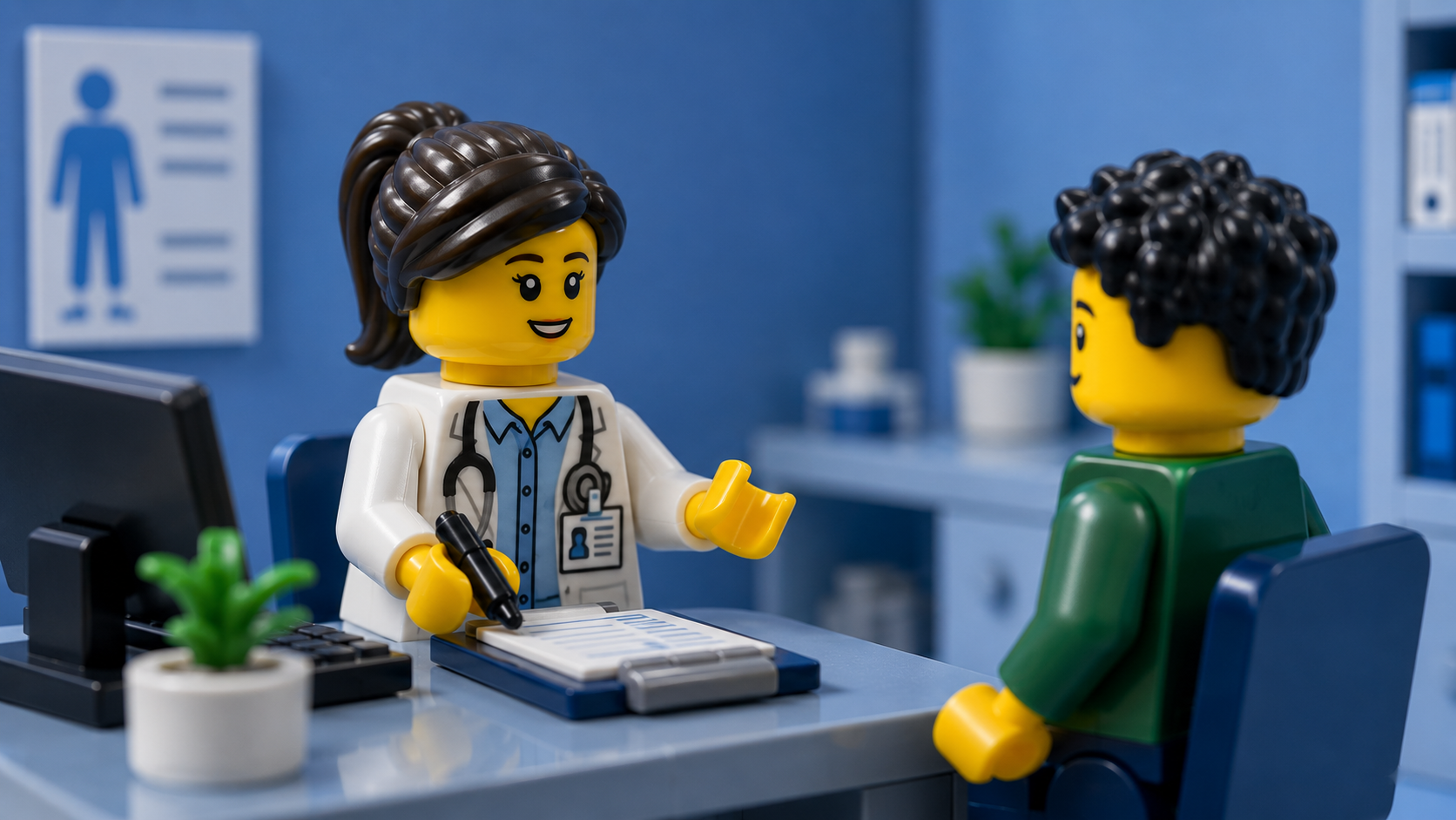 An image of two lego figures in a GP practice consultation