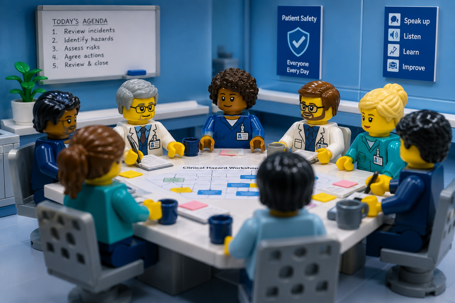An image of Lego figurines in a clinical hazard workshop: a multi-disciplinary team sitting around a table