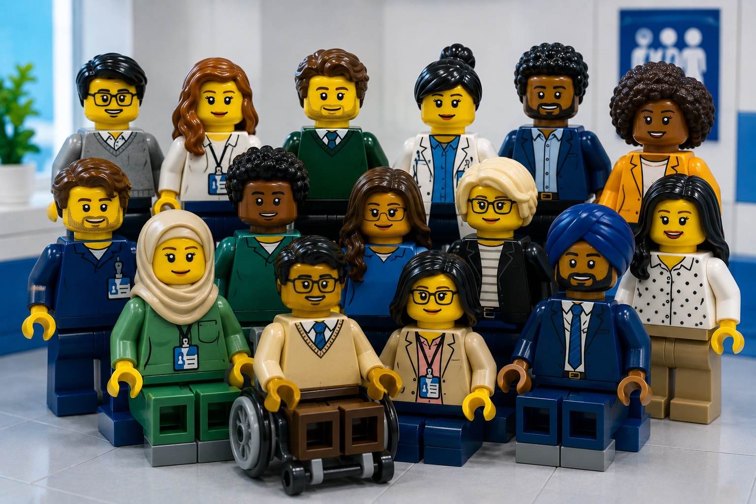 Lego figurines arrayed in a group picture