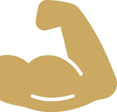 Minimalist gold icon of a flexed bicep and clenched fist representing strength.