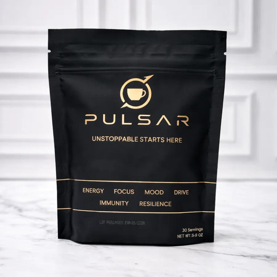 PULSAR coffee pouch with matte black packaging and gold arc design