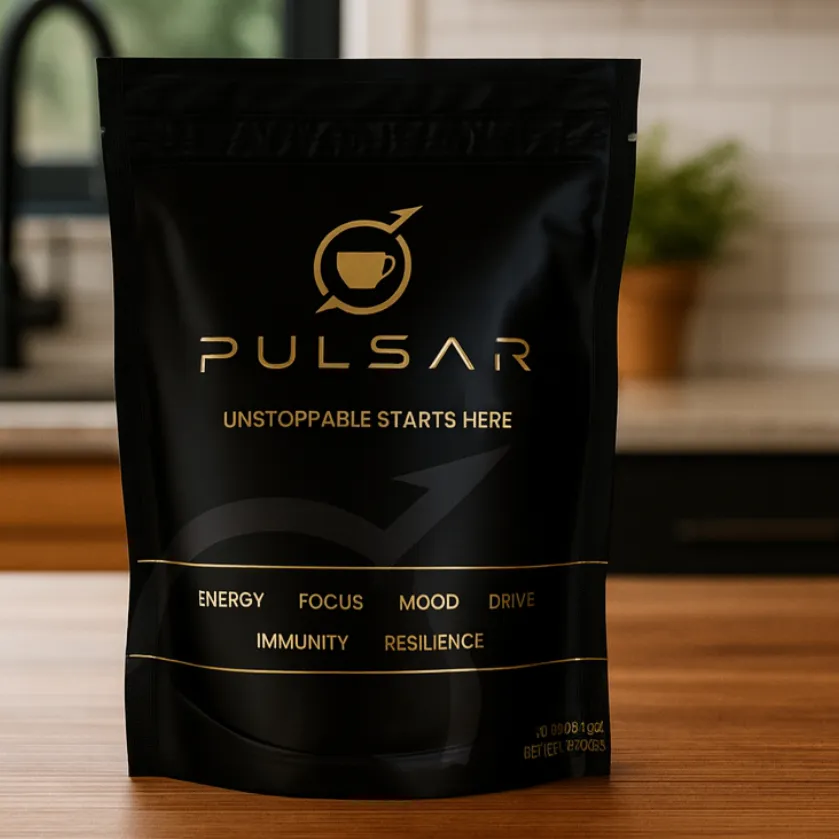 PULSAR functional coffee pouch with matte black packaging and gold arc design