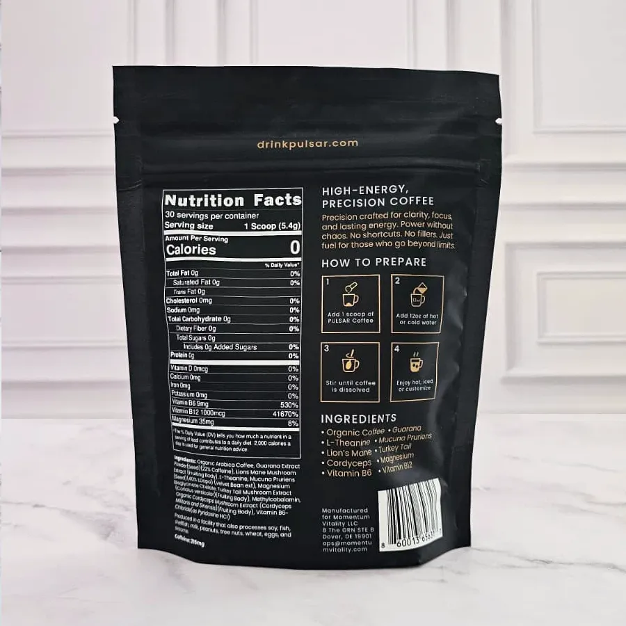 Back view of PULSAR functional coffee pouch showing product information