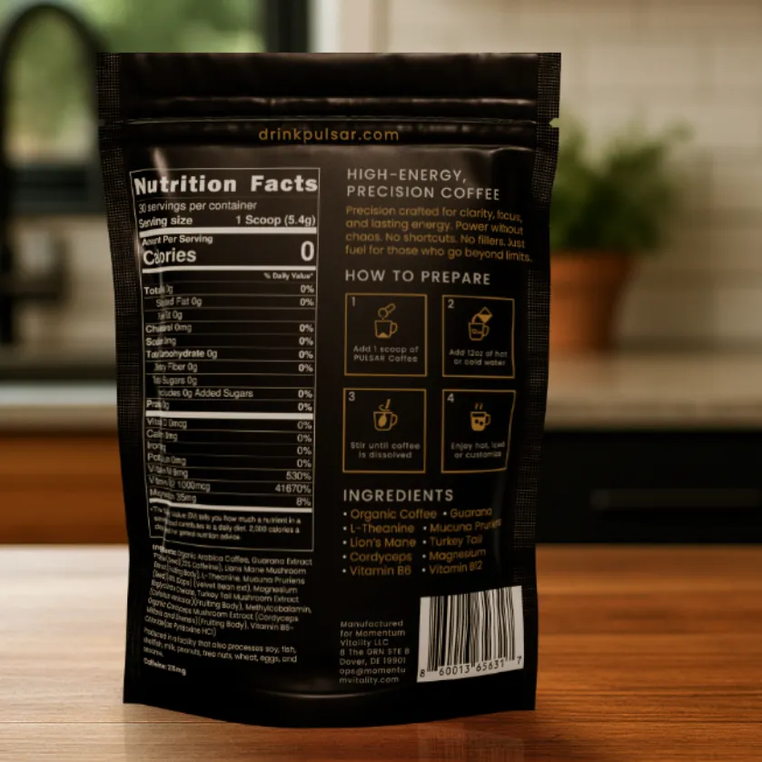 Back view of PULSAR functional coffee pouch showing product information