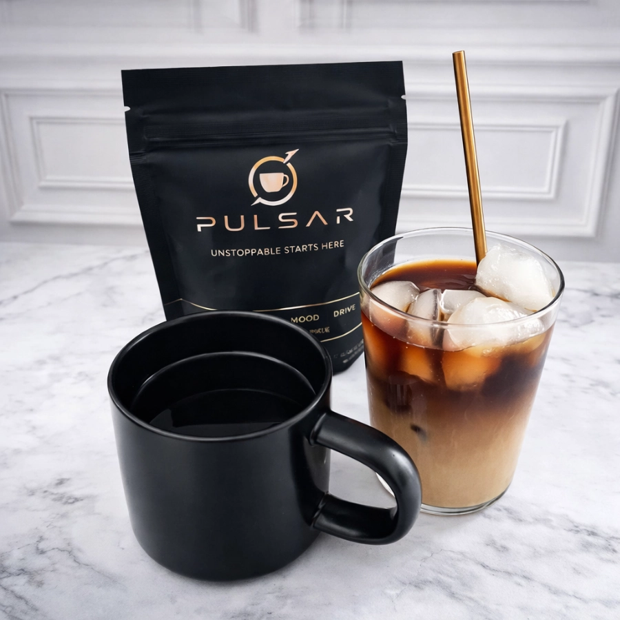 PULSAR functional coffee pouch with a prepared mug and an iced PULSAR coffee