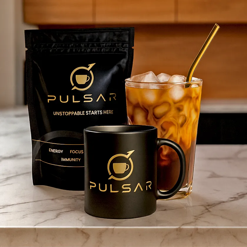 PULSAR functional coffee pouch with a prepared mug and an iced PULSAR coffee