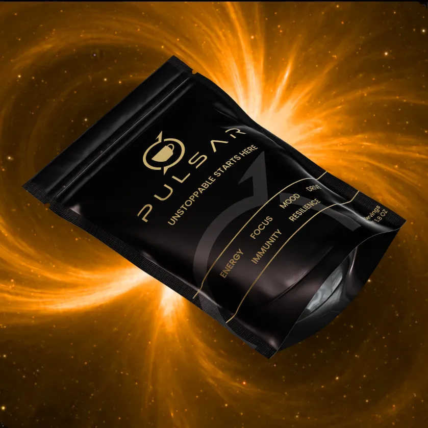PULSAR high-caffeine functional coffee pouch with an abstract gold particle background