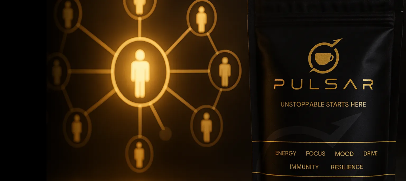 Abstract affiliate network graphic with a PULSAR functional coffee pouch